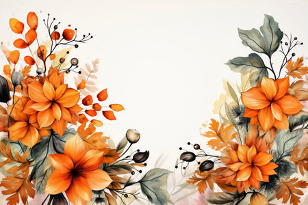 Hand drawn watercolor floral background with orange flowers, leaves and berriesの素材