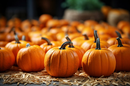 Halloween pumpkins on wooden background. Selective focus. Holiday.の素材