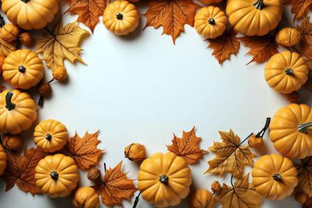 Autumn composition with pumpkins and leaves on white background, top viewの素材