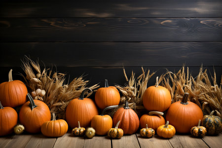 Halloween pumpkins and corn on wooden background with copy space.の素材