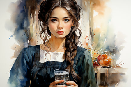 Portrait of a beautiful young woman with glass of water. Watercolor painting.の素材