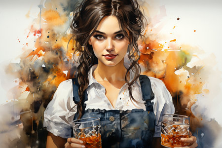 Young woman in dirndl with two glasses of whiskey and ice cubesの素材