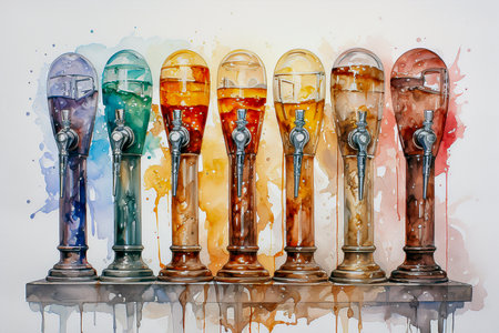 Colorful watercolor painting on canvas of a row of old vintage beer taps.の素材
