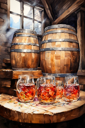 three glasses of cognac in front of a rustic wooden barrelの素材