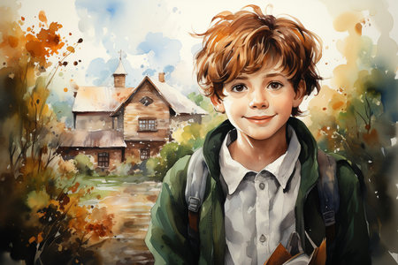 Portrait of smiling schoolboy with backpack. Education concept. Watercolor style paintingの素材