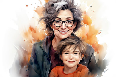 Portrait of mother and son. Abstract colorful watercolor painting.の素材