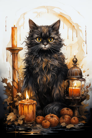 Halloween background with black cat, pumpkins, candles and autumn leavesの素材