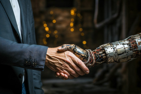 Close-up of a man's hand holding a robot arm. The concept of artificial intelligence.の素材