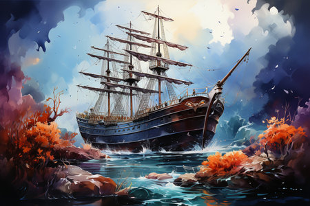 Sailing ship in the sea. Digital painting. Illustration.の素材