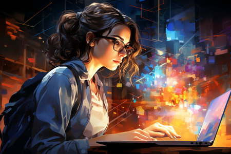 Young woman with laptop sitting in a cafe in front of colorful lights. Watercolor ilustration.の素材