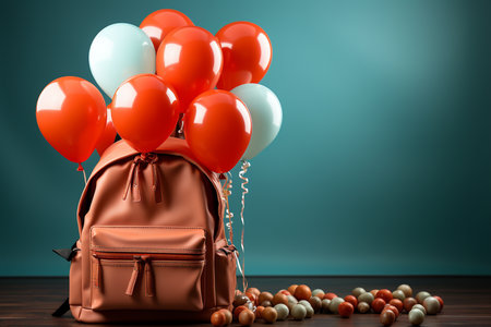 Red backpack with balloons and nuts on wooden table. 3d renderingの素材