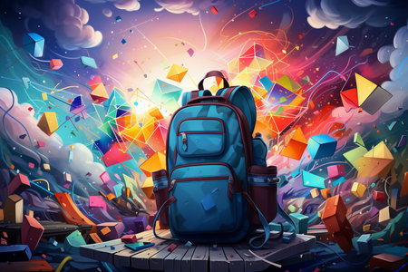 Backpack on wooden table with colorful abstract background. Watercolor illustration.の素材