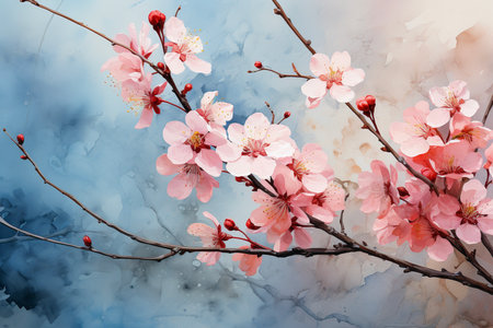 Beautiful cherry blossom tree branch on blue watercolor background. Watercolor paintingの素材
