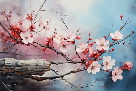 Beautiful cherry blossom tree branch on blue watercolor background. Watercolor paintingの素材