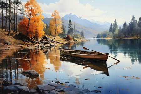 Autumn landscape with a boat on the lake. Watercolor painting.の素材