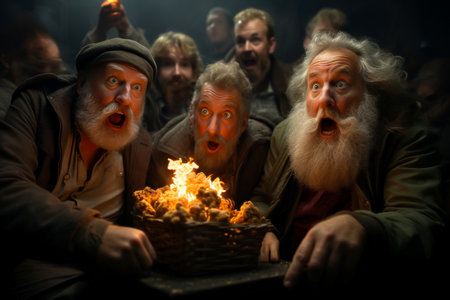 Group of seniors with popcorns watching a horror movie in the cinema. Movie night concept.の素材