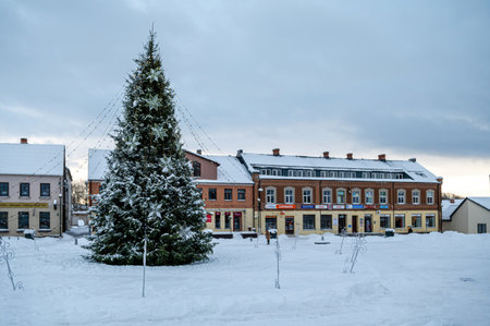 Dobele, Latvia - December 13, 2022: A Christmas tree decorated with ornaments and garlands of lights in the old market squareのeditorial素材