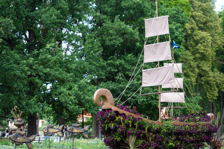 Pakruojis, Lithuania. July 1, 2023: Flower festival in Pakruojis manor. Sculptures and flower installations in the manor park.のeditorial素材