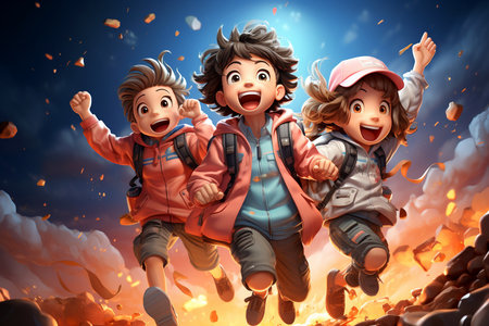 Children jumping in the air in the fire - 3D illustration.の素材