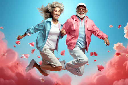 Happy senior couple jumping in air against a blue background with pink flowersの素材