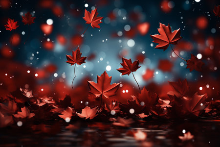 Red maple leaves with water drops, bokeh background.の素材