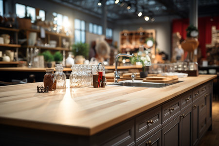 Empty kitchen counter worktop for product display. Blurred background with copy spaceの素材