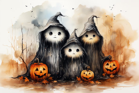 Halloween pumpkins and cat in ghost costume on watercolor ilustrationの素材
