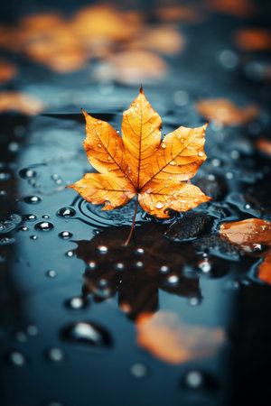 Autumn leaves with water drops on a dark background. Selective focus.の素材