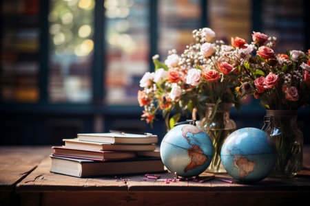 Vase of flowers with globe and books on a wooden table.の素材