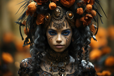 Portrait of a child in a witch costume at the Halloween pumpkin patch.の素材