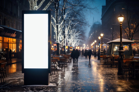 Mock-up of a blank billboard on a city street at nightの素材