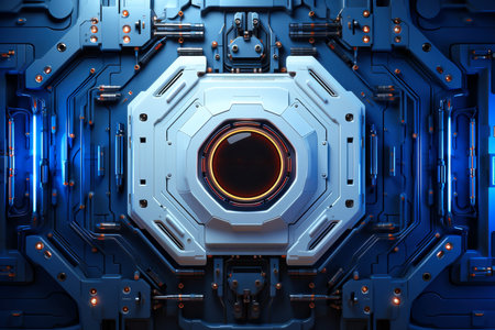 3d rendering of abstract technology concept with blue circuit board in spaceの素材