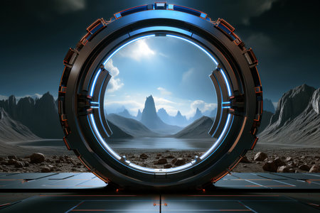Futuristic sci-fi background with blue circle and mountains.  Copy spaceの素材