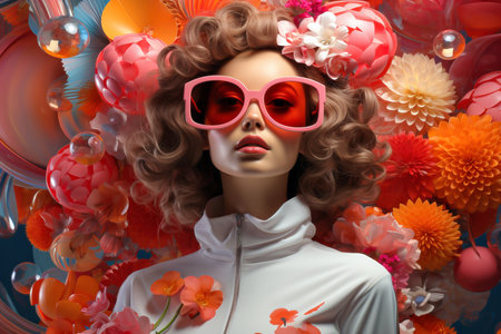 Fashionable young woman with curly hair and pink sunglasses on colorful floral backgroundの素材