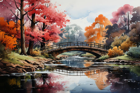 Autumn landscape with bridge and river. Watercolor painting.の素材