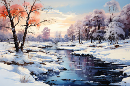 Winter landscape with snow covered trees and a stream. Digital watercolor painting.の素材