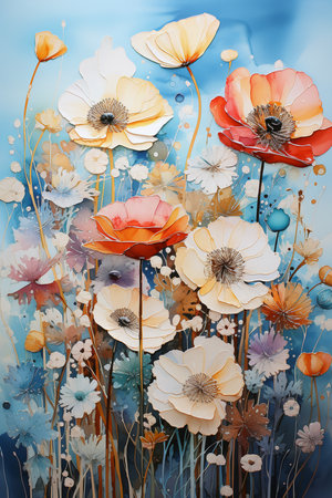 Greeting card with a bouquet of colorful flowers and a violin, watercolor painting styleの素材