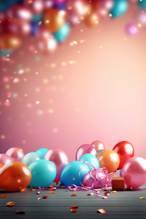 Colorful balloons with ribbons on a wooden background, vintage toned. Copy spaceの素材