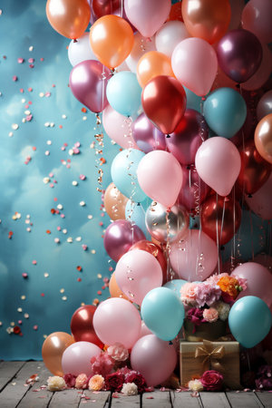 Colorful balloons and gift boxes on blue background. 3d ilustrationの素材