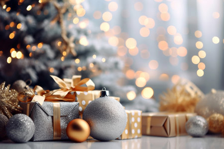 Beautiful Christmas decorations on dark table against blurred lights, close-upの素材