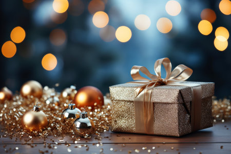 Beautiful Christmas decorations on dark table against blurred lights, close-upの素材