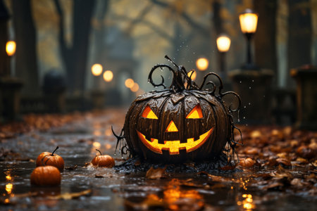 Halloween pumpkin head jack lantern with scary face and burning candles in the forestの素材