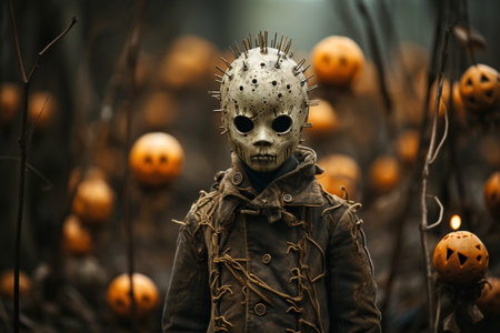 Halloween concept. Scary ghost in the pumpkin field. Selective focus.の素材