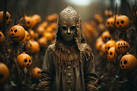 Halloween concept. Scary ghost in the pumpkin field. Selective focus.の素材
