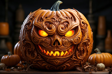 Halloween pumpkin head jack o lantern on dark background, close upの素材