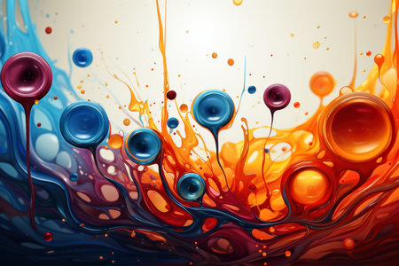 Colorful paint splashes and drops as abstract background. 3D ilustration. Copy space.の素材