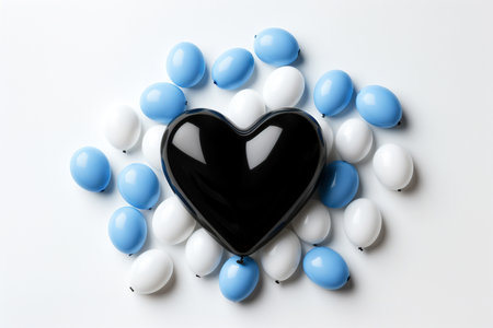 Black heart with blue and white balloons on white background, top viewの素材