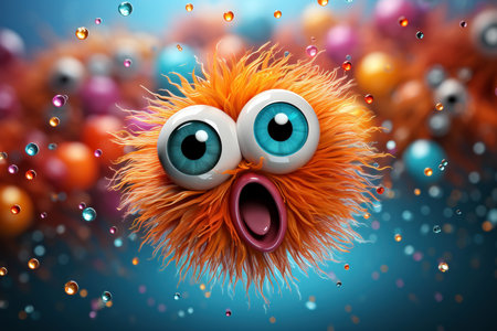 3d illustration of funny orange monster with eyes and mouth on dark backgroundの素材