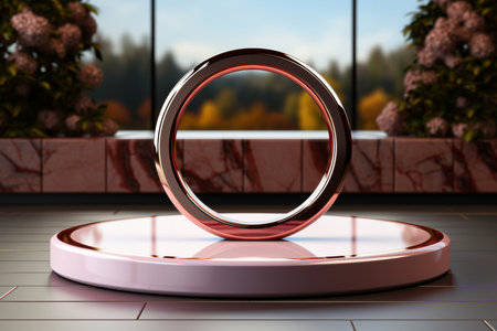 3d rendering of a golden ring on a round pedestal in the interiorの素材