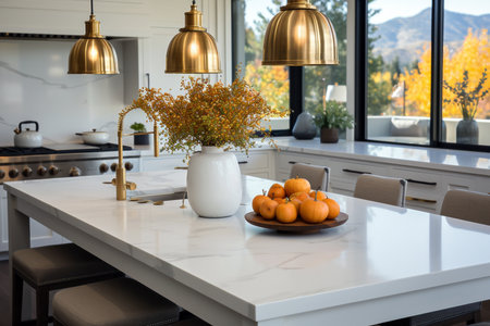 Interior of modern kitchen with white marble table and vase with pumpkinsの素材
